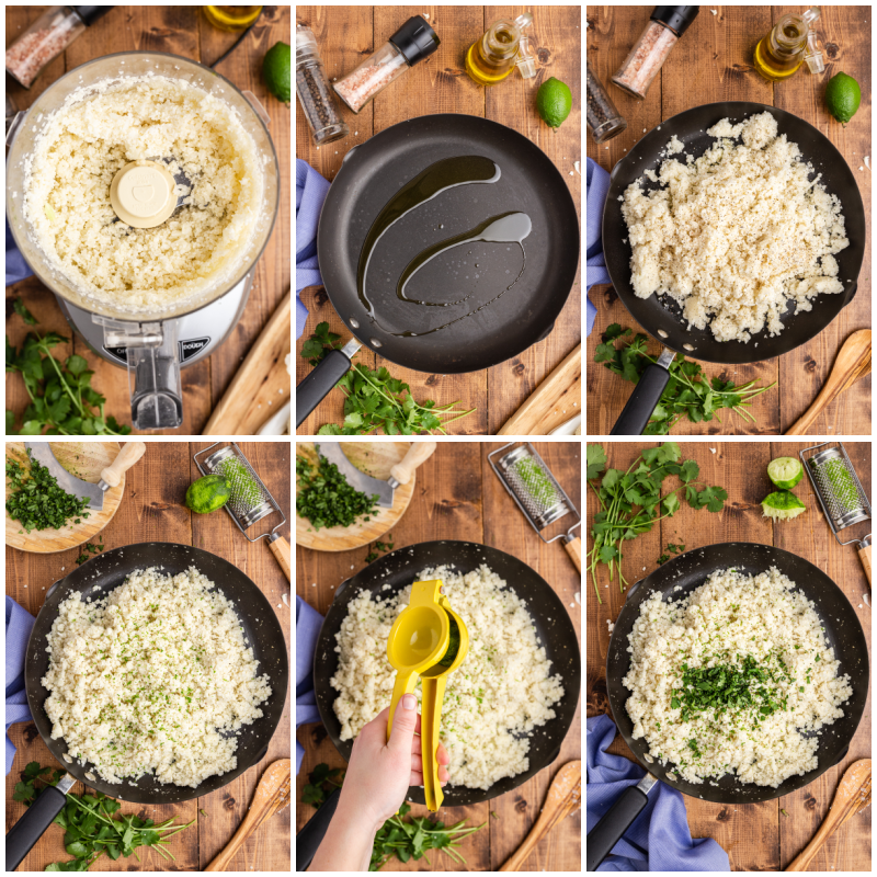 Six photos of the process of making Copycat Chipotle Cilantro Lime Cauliflower Rice.