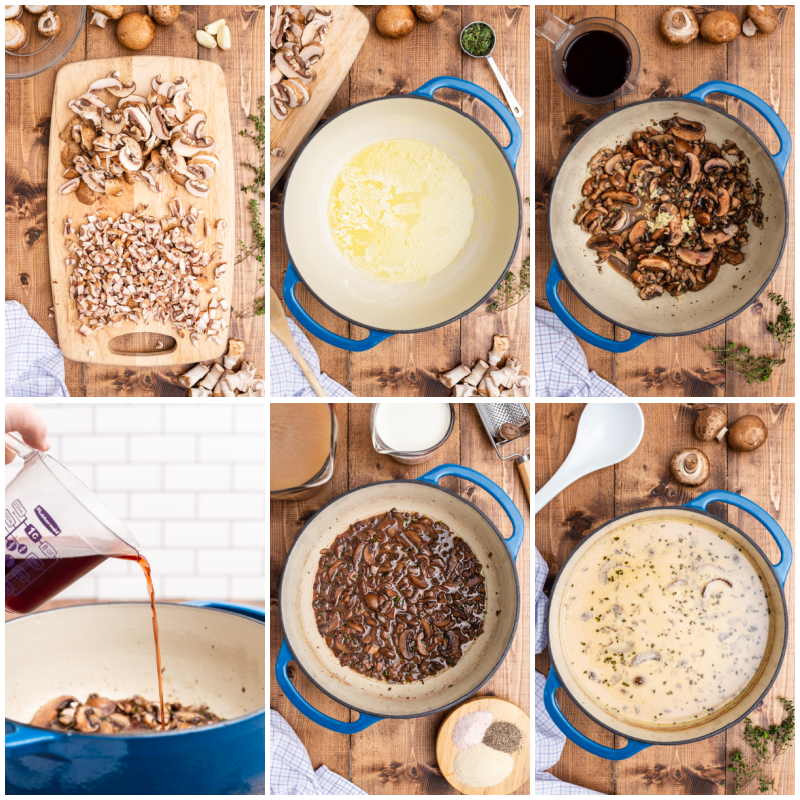 Six photos of the process of making Keto Cream of Mushroom Soup.