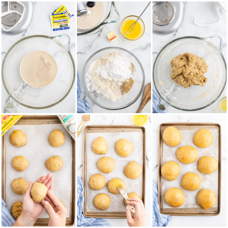 Six photos of the process of making keto hamburger buns.