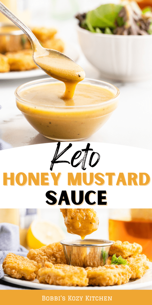 Pinterest graphic with 2 images of keto honey mustard on it.