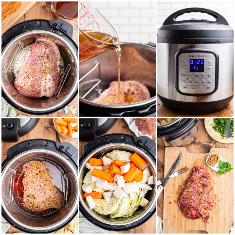 Six photos of the process of making Keto Instant Pot Corned Beef and Cabbage.
