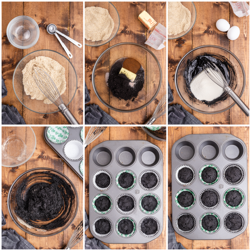 Six photos of the process of making Keto Irish Coffee Cupcakes.