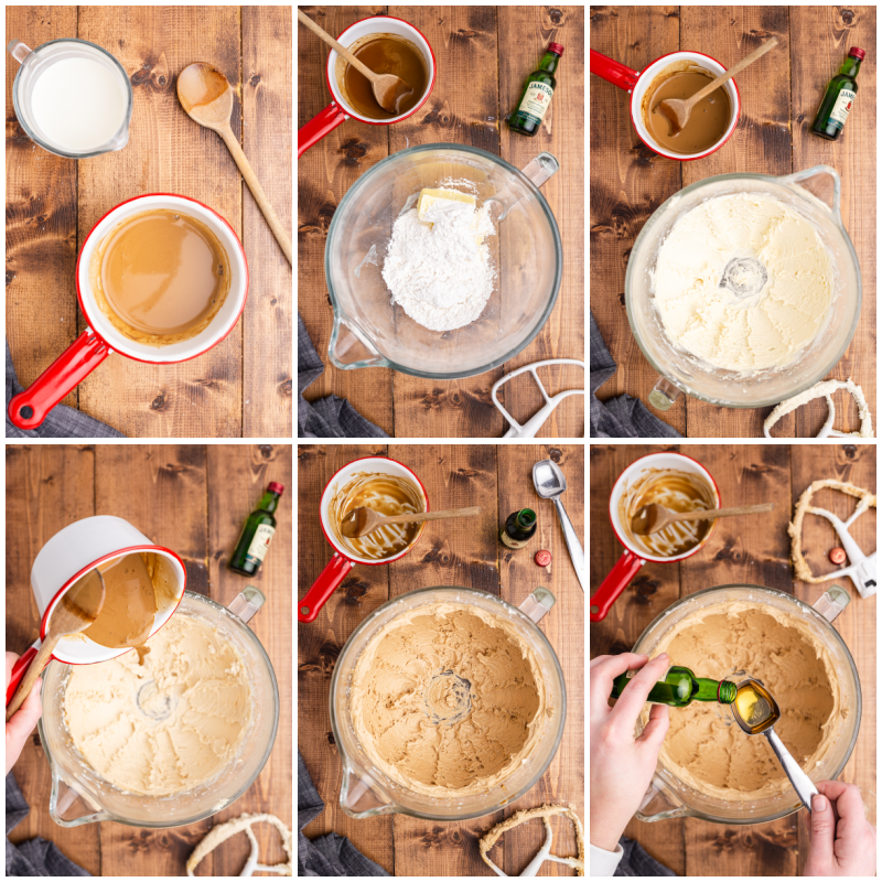 Six photos of the process of making the boozy frosting for Keto Irish Coffee Cupcakes.