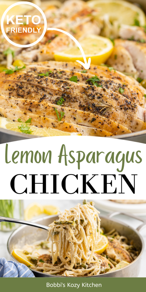 A Pinterest graphic with images of Keto Lemon Asparagus Chicken Pasta on it.