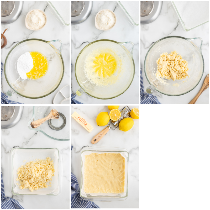 Five photos of the process of making the shortbread portion of Keto Lemon Bars.