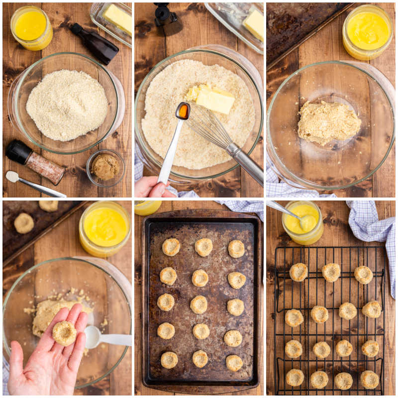 Six photos of the process of making Keto Lemon Thumbprint Cookies.