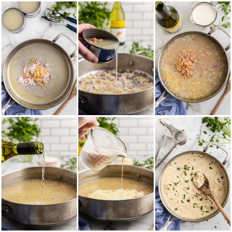 Six photos of the process of making Keto Pasta with White Clam Sauce.