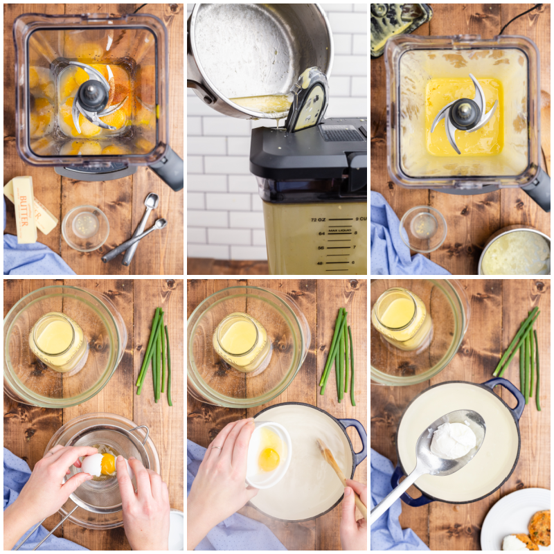 Six process photos of making Keto Salmon Eggs Benedict.