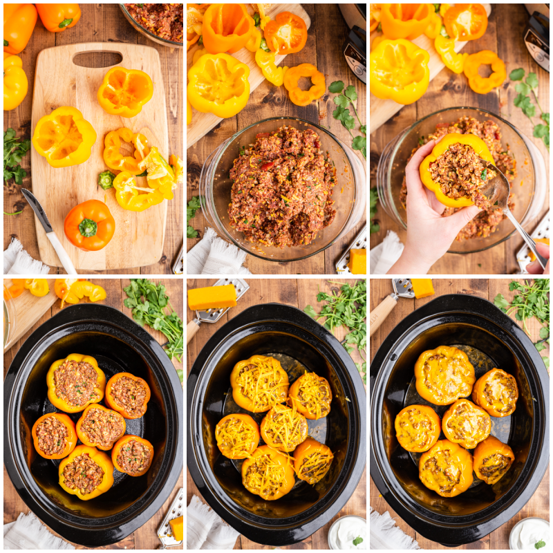 Six more photos of the process of making Keto Slow Cooker Mexican Stuffed Peppers.