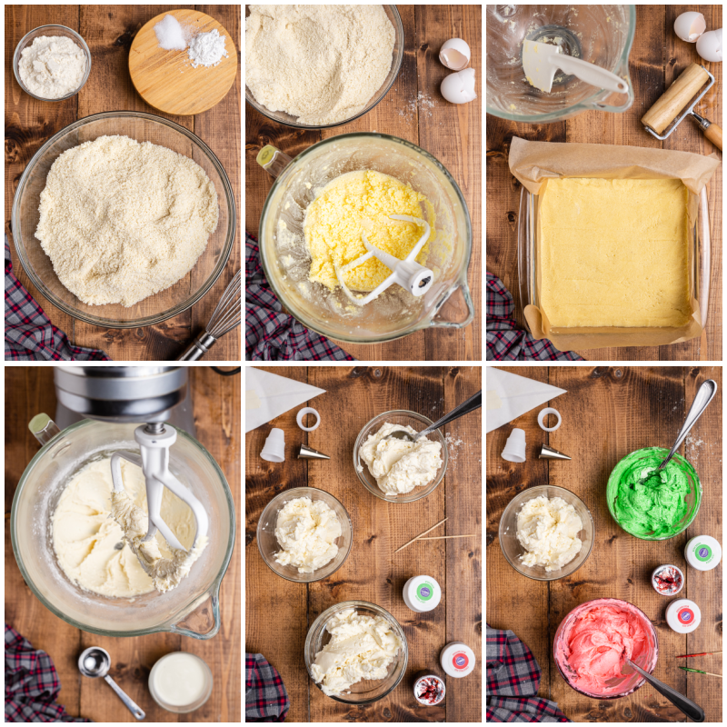 6 overhead photos of the process of making Keto Sugar Cookie Bars.
