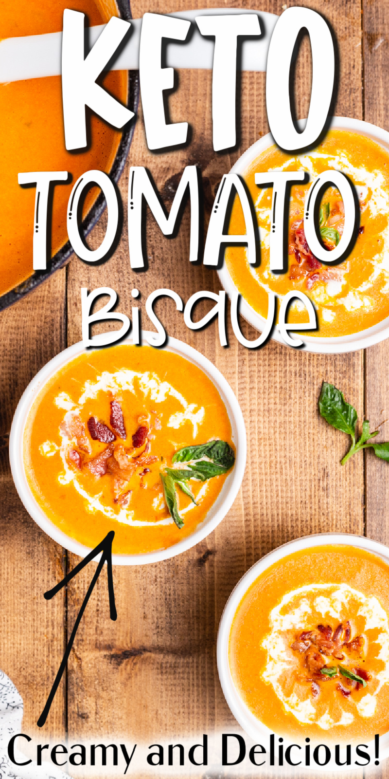 Keto Tomato Bisque with Bacon - This easy to make keto tomato soup is creamy and delicious with bacon and basil. It will quickly become a family favorite! #keto #lowcarb #glutenfree #tomato #bacon #basil #soup #bisque #easy #recipe