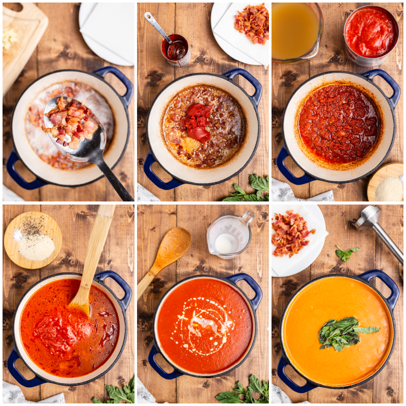Six overhead photos of the process of making Keto Tomato Bisque with Bacon.
