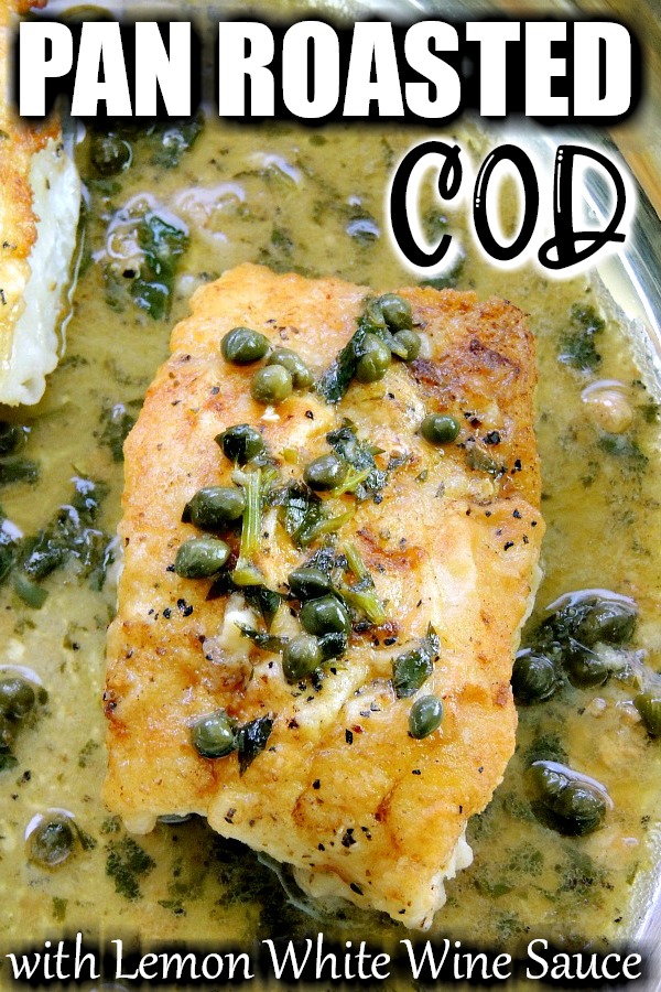 This cod recipe is seared on the stove, then finished in the oven for perfectly flaky fillets. Then topped with an amazing lemon white wine butter sauce. It is quick, easy, and perfect for a nice "fancy" weeknight meal for your family. #ketoadapted #keto #lowcarb #fish #cod #lemon #whitewine #recipe | bobbiskozykitchen.com