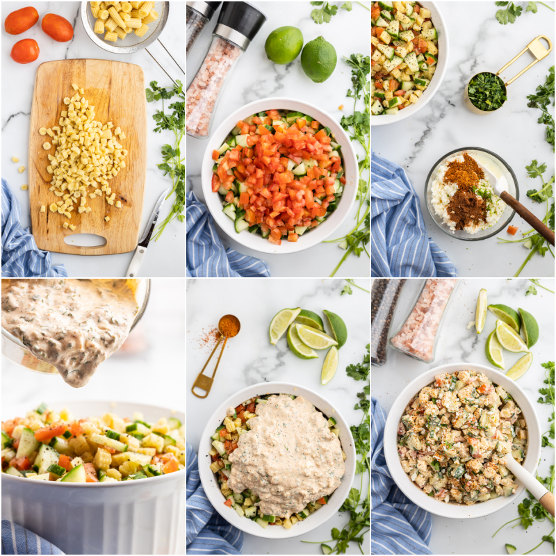 Six photos of the process of making Low Carb Mexican Street Corn Salad.