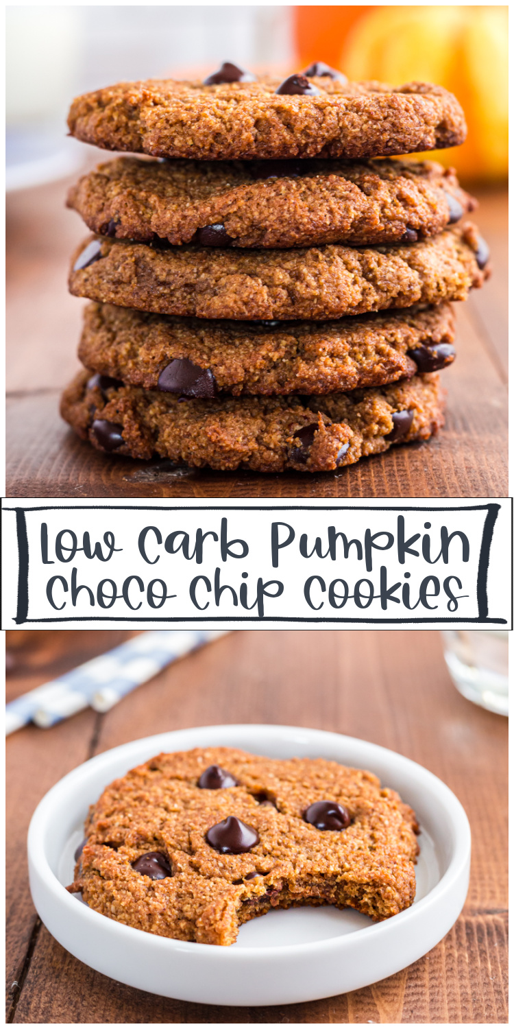Low Carb Pumpkin Chocolate Chip Cookies - These pumpkin chocolate chip cookies are full of yummy fall spice and the perfect way to indulge in a gluten-free, low carb, keto pumpkin treat! #keto #lowcarb #glutenfree #grainfree #pumpkin #chocolate #chip #cookies #recipe