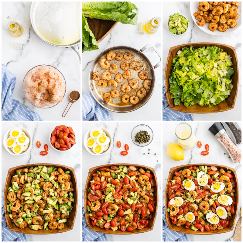 Six photos of the process of making Low-Carb Shrimp Louie Salad.