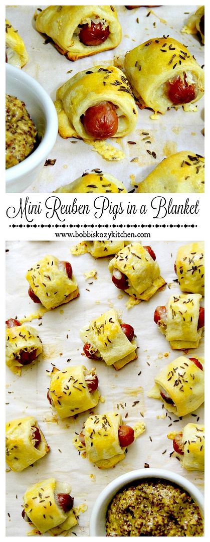 Mini Reuben Pigs in a Blanket have all of the big flavors of your favorite deli sandwich in a bite sized form from www.bobbiskozykitchen.com