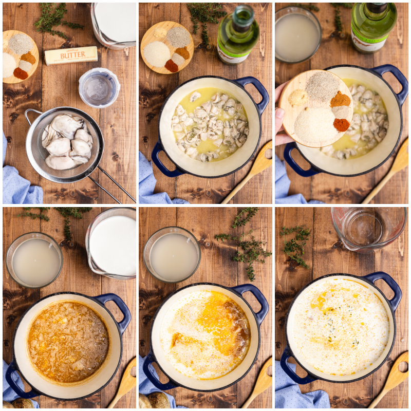 Six photos of the process of making Oyster Stew (Low Carb & Gluten-free).