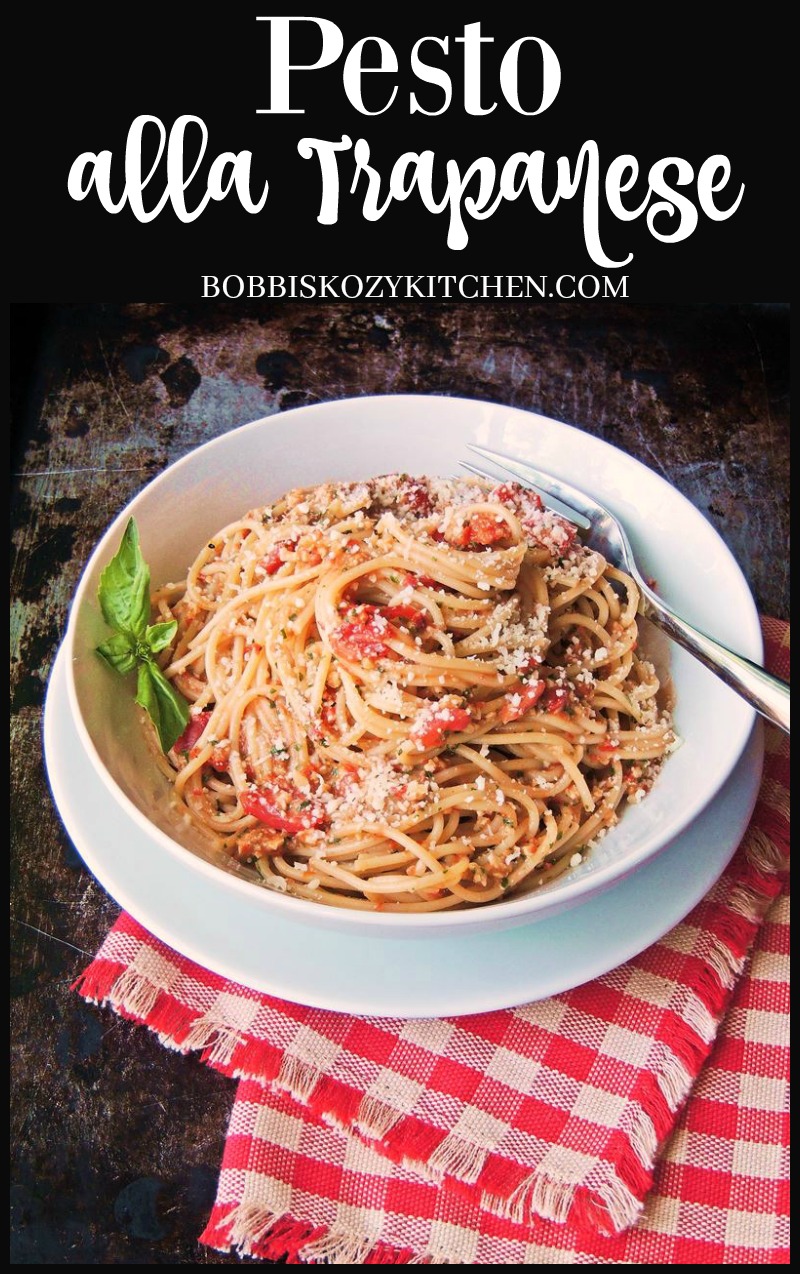 Pesto alla Trapanese - With ripe grape tomatoes that are bursting with flavor, fresh basil, and ground almonds to add body to the sauce, this is the ultimate fresh tasting pasta! From www.bobbiskozykitchen.com