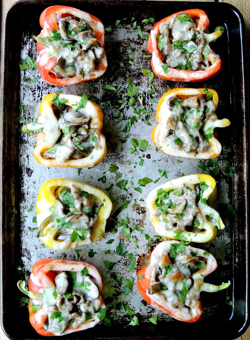 Philly Cheesesteak Stuffed Peppers on a metal baking sheet.