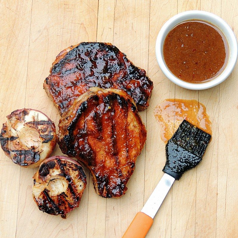 Grilled Pork Chops with Peach, Bourbon, Mustard Sauce