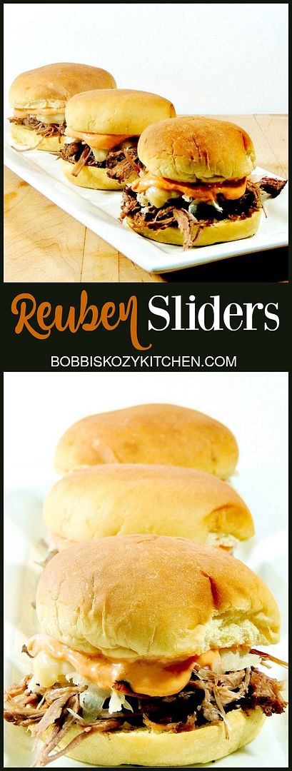 Reuben Sliders - Make these tasty little corned beef sliders for your St Patrick's Day festivities. They are cute, tasty, and sure to please your guests! From www.bobbiskozykitchen.com