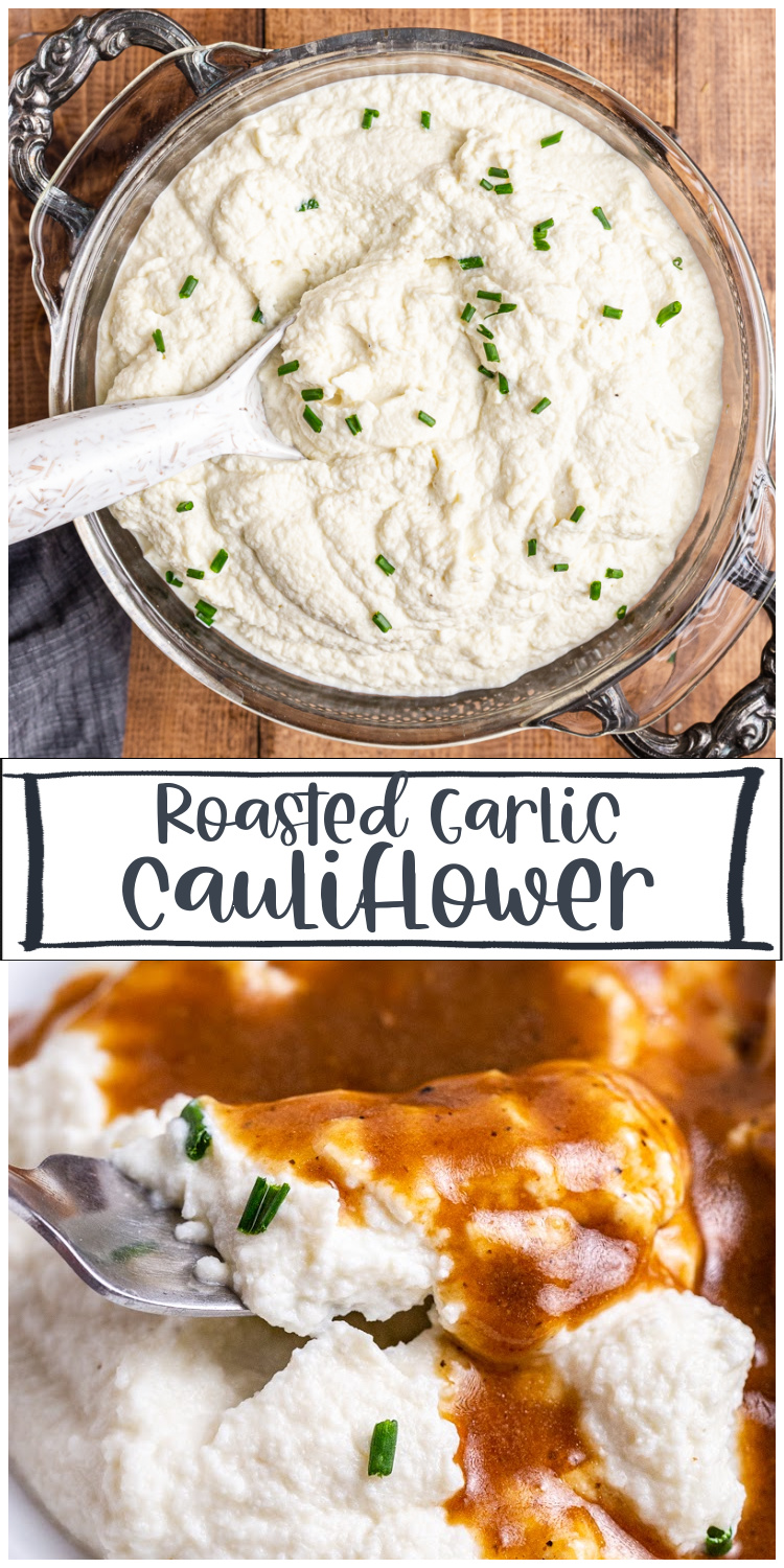 Roasted Garlic Mashed Cauliflower - This recipe will quickly become a low carb dinner staple! It is deliciously buttery and creamy and that roasted garlic flavor takes it over the top! #keto #lowcarb #glutenfree #mashed #potato #cauliflower #thanksgiving #christmas #sidedish