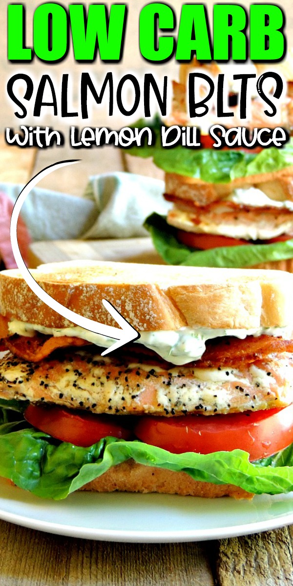 Give your BLTs an upgrade with the addition of a pan-seared salmon fillet and creamy lemon dill mayo. #salmon #fish #easy #keto #lowcarb #lchf #sandwich #recipe | bobbiskozykitchen.com