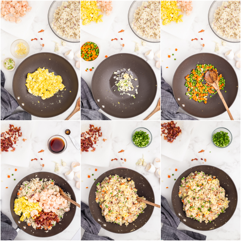 Six more photos of the process of making Shrimp Fried Cauliflower Rice with Bacon.