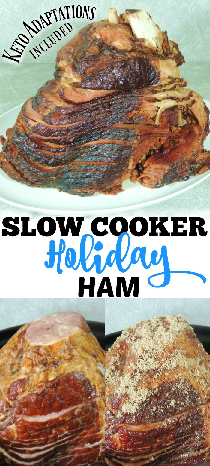 This Slow Cooker Holiday Ham recipe is the easiest holiday recipe ever! With just 5 ingredients, it is the perfect set it and forget it holiday dish. This is a recipe that your family will look forward to each and every year! #keto #lowcarb #ham #pork #maple #brownsugar #christmas #easter #thanksgiving #slowcooker #crockpot #easy #recipe | bobbiskozykitchen.com