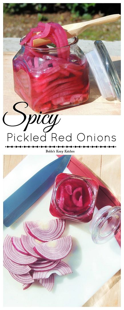 Spicy Picked Red Onions - So simple, these bright, crisp, spicy little slices of heaven are perfect for burgers, sandwiches, tacos, and so much more! | From www.bobbiskozykitchen