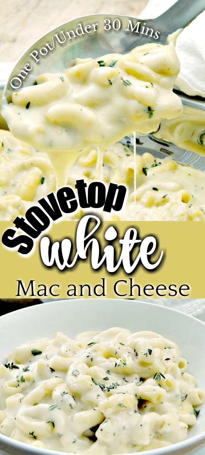 This Stove Top White Mac and Cheese recipe is so luscious and cheesy, only uses one pot, and is done in less than 30 minutes. Who needs a box when you can have this? #vegetarian #onepot #onepan #easyrecipe #30minuterecipe #pasta #macandcheese | bobbiskozykitchen