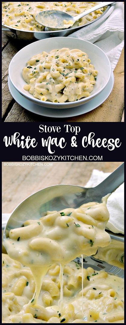 Stove Top White Mac and Cheese is uber cheesy, only uses one pot, and is done in no time flat. Who needs a box when you can have this? From www.bobbiskozykitchen.com