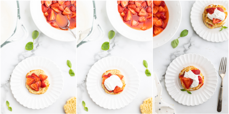 Three photos of the process of assembling keto strawberry basil shortcakes.