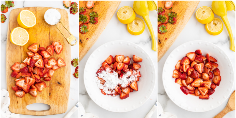 Three photos of the process of making the sugared strawberries for keto strawberry basil shortcakes.