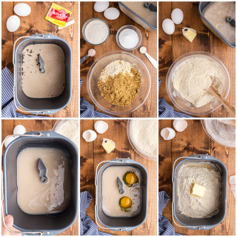 Six photos of the process of making keto bread ina breadmaker.