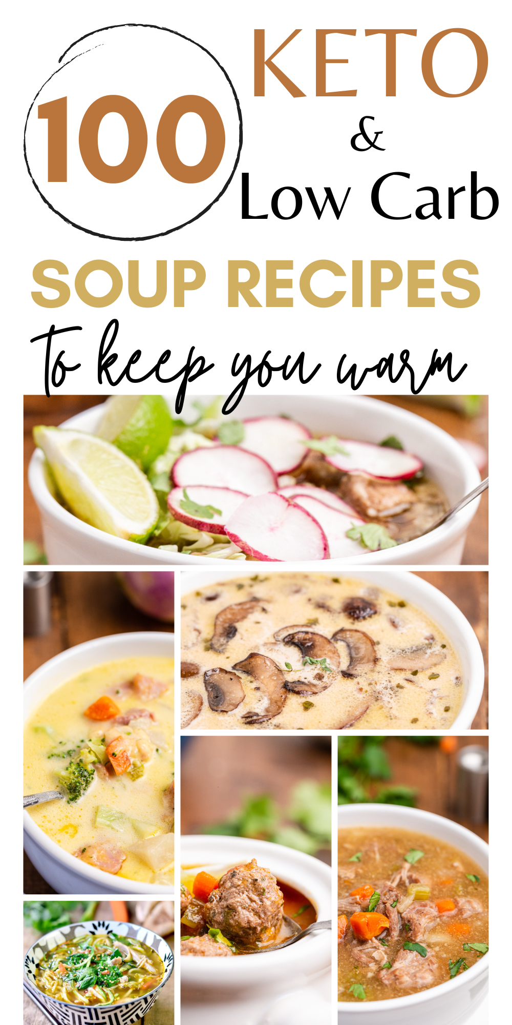 Pinterest graphic with images of keto and low carb soups and stews on it.