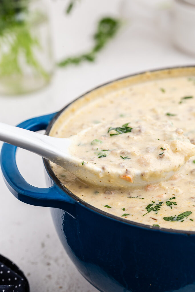 Shepherd's Pie Soup in a blue Dutch oven for 100 Keto & Low Carb Soup Recipes.