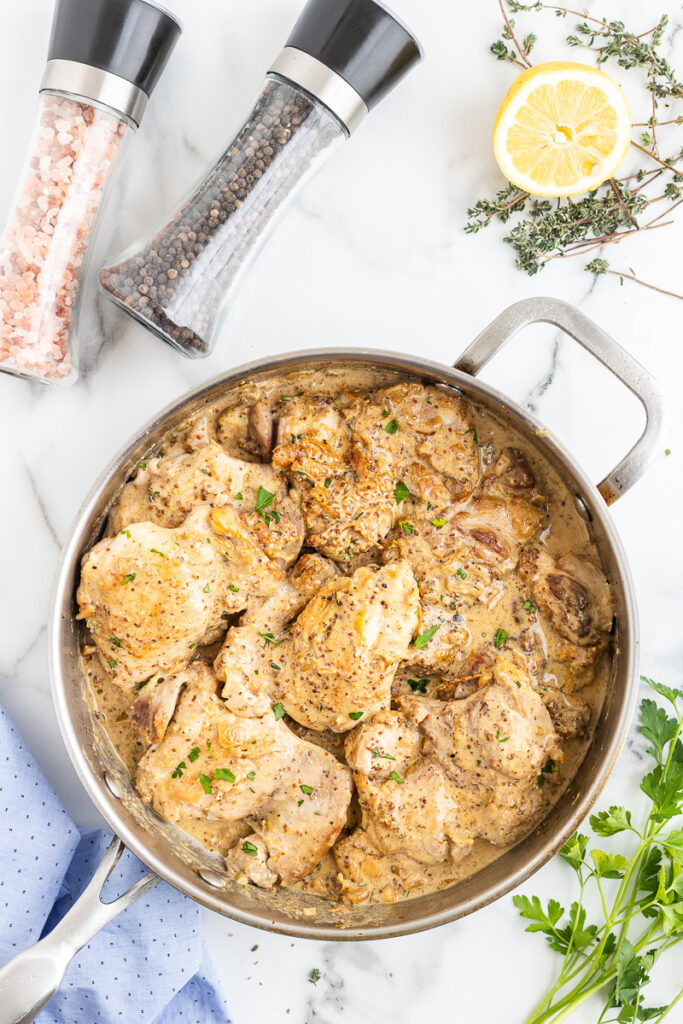 Overhead photo of Creamy Mustard Chicken in a pan.