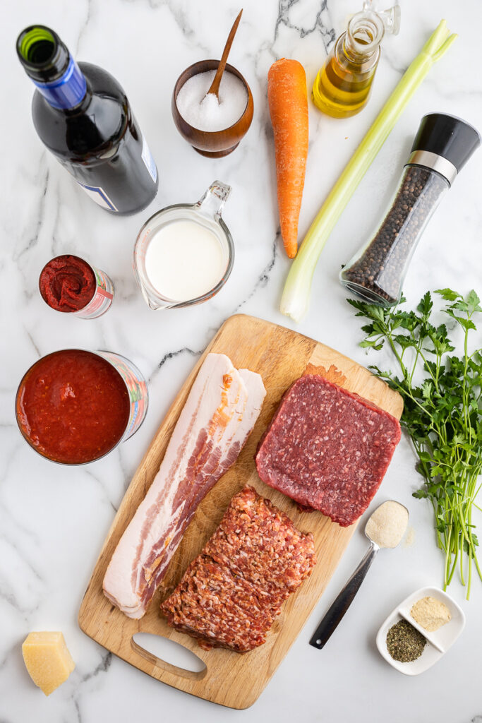Overhead photo of the ingredients needed to make Instant Pot Bolognese Sauce (Low Carb).