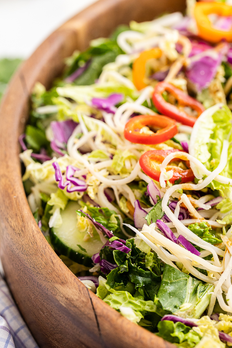 Asian Rainbow Noodle Salad in a wooden salad bowl.