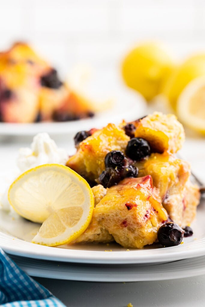 Keto Lemon Blueberry Bread Pudding on a white plate.