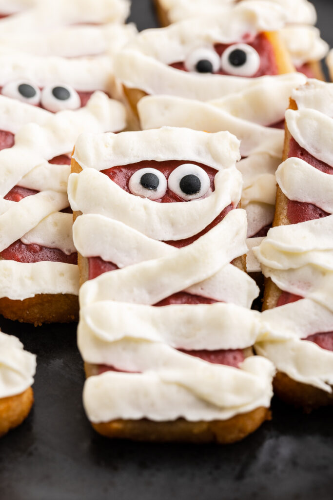 Very closeup photo of a Cheesecake Mummy Cookie.