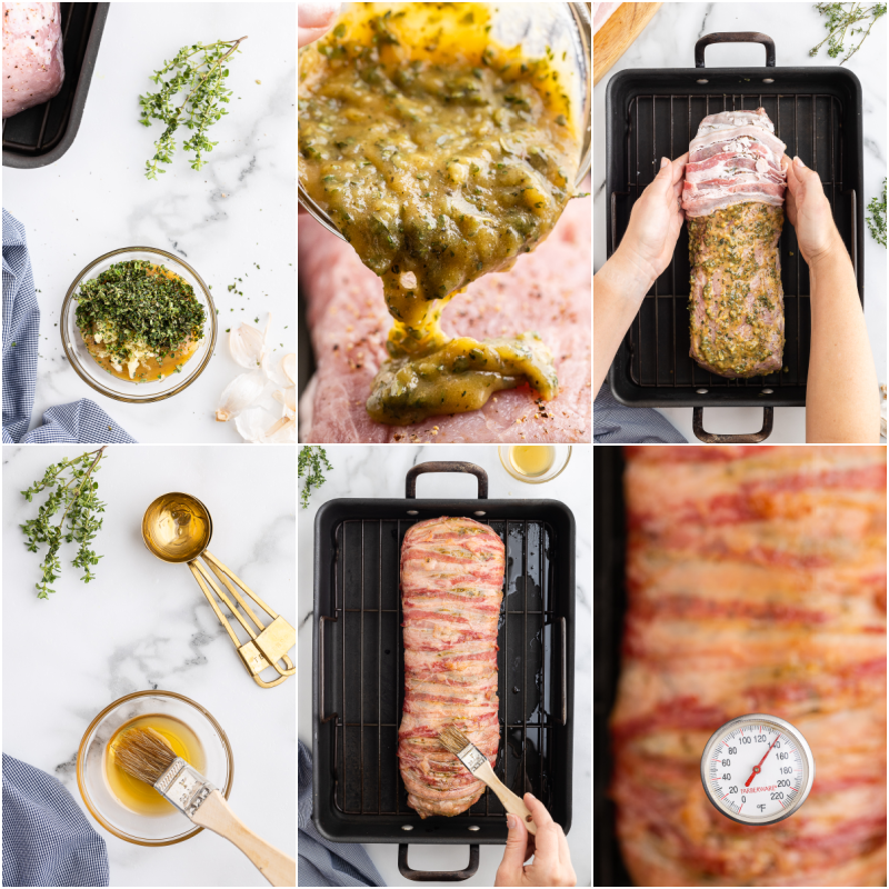 Six photos of the process of making a bacon wrapped honey mustard pork loin.