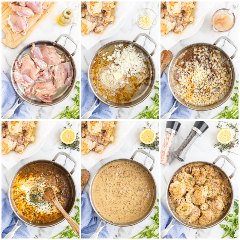 Six photos of the process of making Creamy Mustard Chicken.