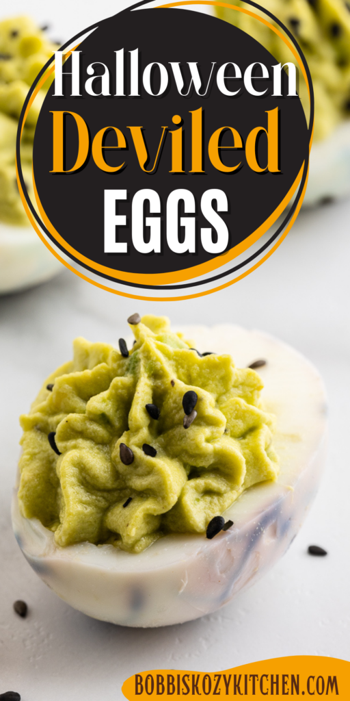 Halloween Deviled Eggs - These creepy Halloween Deviled Eggs are a spooky treat that everyone will love. The trick is that they are keto, low carb, gluten-free, and so easy to make you can have the kids help you! #keto #lowcarb #glutenfree #sugarfree #halloween #appetizer #deviledeggs #spooky