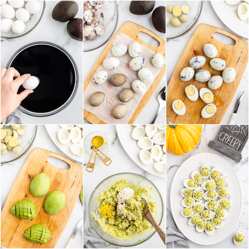 Six photos of the process of making Halloween Deviled Eggs.