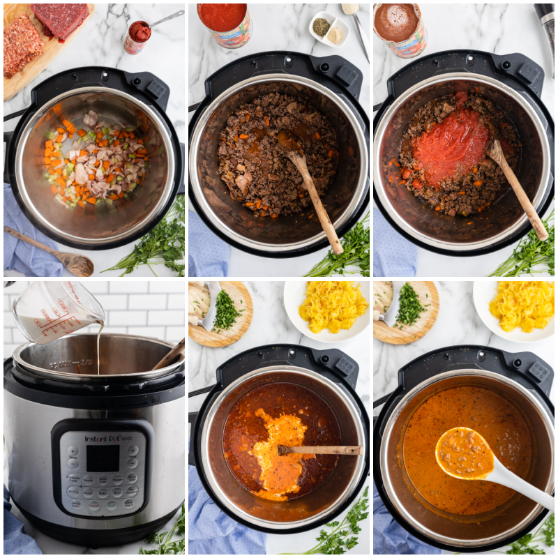 Six photos of the process of making Instant Pot Bolognese Sauce (Low Carb).