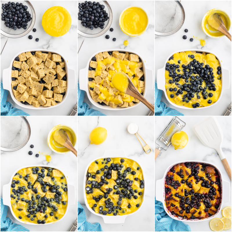 Six more photos of the process of making Keto Lemon Blueberry Bread Pudding.