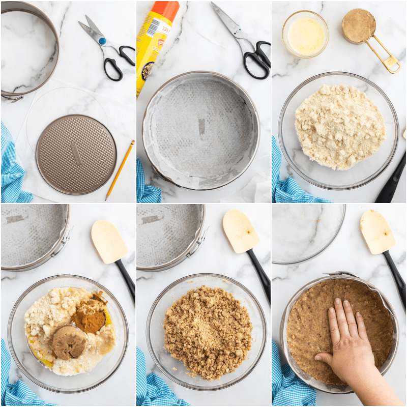 A collage of six photos showing the process of making keto no-bake lemon cheesecake.